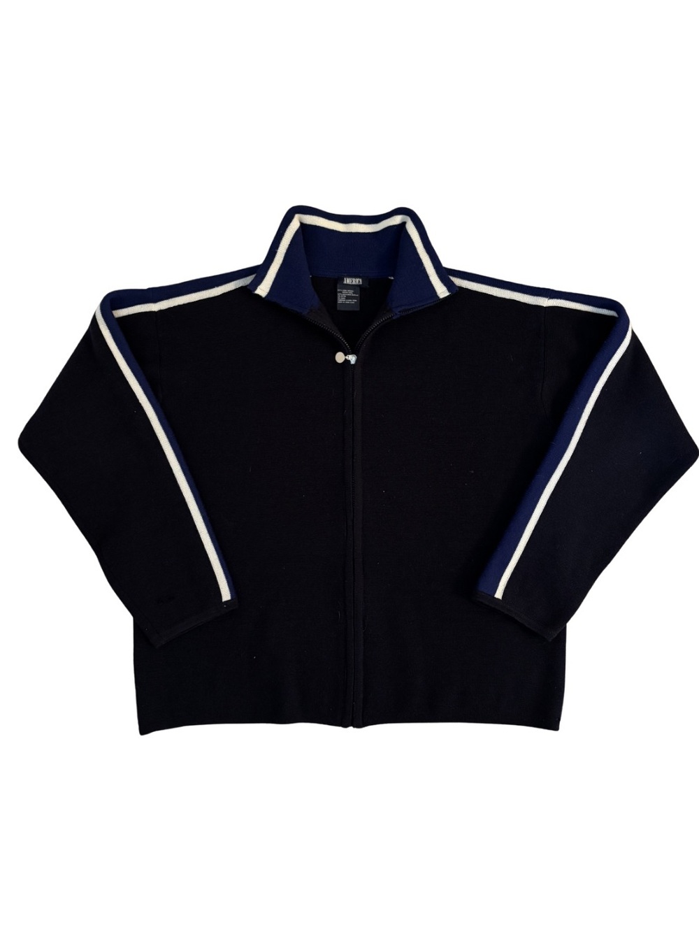 Tristan & America Y2K Navy Zip-Up Sweater with White Stripe Trim